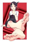  1girl barefoot black_hair blush collarbone dress eyebrows_visible_through_hair feet fingernails folded_ponytail hair_ribbon hand_on_own_chin highres kaguya-sama_wa_kokurasetai_~tensai-tachi_no_renai_zunousen~ leafar looking_at_viewer nail open_mouth pov pov_feet red_eyes red_ribbon ribbon shinomiya_kaguya soles solo toenails toes 