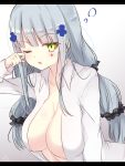  1girl bangs black_scrunchie blush breasts cleavage collared_shirt commentary_request dress_shirt eyebrows_visible_through_hair facial_mark girls_frontline green_eyes hair_ornament hair_scrunchie hand_up highres hk416_(girls_frontline) large_breasts leaning_forward letterboxed long_hair long_sleeves naked_shirt one_eye_closed open_clothes open_shirt parted_lips ramchi rubbing_eyes scrunchie shirt signature silver_hair sleepy solo very_long_hair white_shirt 