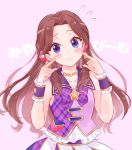  1girl aikatsu! aikatsu!_(series) blue_eyes blush bow bowtie brown_hair check_(check_book) commentary_request flower frills fujiwara_miyabi_(aikatsu!) hair_flower hair_ornament jewelry long_hair looking_at_viewer necklace no_bangs pink_background plaid_neckwear pointing pointing_at_self purple_neckwear shirt skirt sleeveless sleeveless_shirt smile solo star upper_body wrist_cuffs 