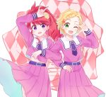  2girls :d ;d \m/ aikatsu! aikatsu!_(series) alternate_costume argyle argyle_background belly_peek belt blonde_hair blue_neckwear braid check_(check_book) commentary_request flower green_eyes hair_flower hair_ornament himezakura_girls&#039;_academy_uniform kurebayashi_juri locked_arms looking_at_viewer medium_skirt multiple_girls neckerchief one_eye_closed open_mouth outline pink_shirt pink_skirt pleated_skirt ponytail purple_eyes red_hair shinjou_hinaki shirt short_hair sidelocks skirt smile star star_hair_ornament w_over_eye white_outline wind wind_lift yellow_flower 