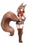  1girl animal_ear_fluff animal_ears ass barbariank belt boots breasts brown_footwear brown_gloves brown_hair commentary earrings english_commentary eyebrows_visible_through_hair fluffy from_behind full_body gloves granblue_fantasy high_heel_boots high_heels highres hip_vent jewelry la_coiffe_(granblue_fantasy) large_breasts long_hair looking_at_viewer panties puffy_short_sleeves puffy_sleeves short_sleeves smile solo tail thigh_boots thighhighs transparent_background underwear white_panties 