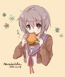  1girl artist_name blue_flower blue_sailor_collar brown_background brown_eyes cropped_torso dated eating eyebrows_visible_through_hair flower food hamburger holding holding_food long_sleeves nagato_yuki nanabuluku pink_flower purple_eyes red_neckwear sailor_collar signature simple_background solo suzumiya_haruhi_no_yuuutsu upper_body white_flower 