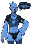  2019 abs anthro armband athletic avian ballsack_outline beak bird blue_beak blue_eyes blue_feathers blush briefs bulge clothed clothing crop_top dialogue digital_media_(artwork) english_text feathers hand_on_hip hi_res looking_at_viewer male meme navel nipple_outline pecs shirt simple_background sin_bruh skimpy solo standing text tweetfur twitter underwear wings 