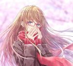  1girl bangs blonde_hair blue_eyes blurry blurry_background blush brown_jacket character_request commentary_request copyright_request covering_mouth crying crying_with_eyes_open eyebrows_visible_through_hair glasses hands_up jacket light_particles long_hair long_sleeves looking_at_viewer nabeshima_tetsuhiro red-framed_eyewear red_scarf scarf sidelocks solo tears upper_body 