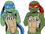  2019 amber_eyes animal_print anthro bandanna bikini blush clothed clothing cow_print crossdressing duo grey_eyes hand_on_hip inkyfrog leonardo_(tmnt) male mask mole_(marking) raphael_(tmnt) reptile scalie shell simple_background skimpy sling_bikini swimsuit teenage_mutant_ninja_turtles turtle white_background 