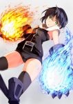  armpit_peek bare_shoulders black_hair blue_fire boots choker claw_(weapon) claws commentary_request eternal_flame eyebrows_visible_through_hair fire from_below gauntlets gluteal_fold green_eyes grey_background knee_boots million_arthur_(series) okosan_(pixiv) open_mouth short_hair short_shorts shorts simple_background sleeveless sleeveless_sweater sleeveless_turtleneck thighhighs thighs turtleneck undershirt weapon 