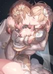  1boy 1girl bangs black_background blonde_hair blush breast_grab breasts breasts_outside brown_hair couple detached_collar detached_sleeves djeeta_(granblue_fantasy) dress earrings eyebrows_visible_through_hair faulds flower french_kiss from_side grabbing gran_(granblue_fantasy) granblue_fantasy grey_dress hair_flower hair_ornament hand_on_another&#039;s_head hetero highres hug jewelry kiss light_particles long_sleeves lying milli_little nipples on_stomach pauldrons ring short_dress short_hair shoulder_armor simple_background stud_earrings thighs twitter_username 