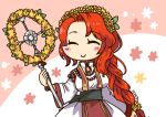  1girl artist_name bead_necklace beads braid closed_mouth eyes_closed fire_emblem fire_emblem:_souen_no_kiseki fire_emblem_heroes head_wreath holding holding_staff jewelry long_hair long_sleeves necklace nintendo red_hair sksk7r smile solo staff tiamat_(fire_emblem) upper_body wide_sleeves 