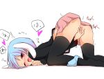  1girl all_fours animal_ears ass black_jacket black_legwear blazer blue_hair blue_panties bunny_ears fingering heart highres inon jacket masturbation moaning one_eye_closed open_mouth panties panties_around_leg pink_skirt pussy pussy_juice red_eyes reisen short_hair simple_background skirt skirt_lift solo thighhighs top-down_bottom-up touhou underwear white_background 