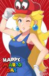  1girl artist_name bare_arms bare_shoulders blonde_hair blue_earrings blue_eyes blue_overalls breasts cappy_(mario) cleavage cosplay earrings gloves hat jewelry large_breasts long_hair mario_(series) nintendo no_bra one_eye_closed open_mouth overalls possessed princess princess_peach red_background red_shirt sarukaiwolf shirt smile super_mario_bros. super_mario_odyssey undershirt white_gloves 