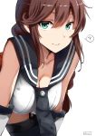  1girl ? bangs bare_shoulders blush braid breasts brown_hair cleavage closed_mouth commentary_request gloves green_eyes hair_between_eyes hanging_breasts highres kantai_collection large_breasts leaning_forward lolicept long_hair looking_at_viewer necktie noshiro_(kantai_collection) red_skirt sailor_collar school_uniform serafuku simple_background skirt smile solo spoken_question_mark swept_bangs thighhighs thighs twin_braids white_background white_gloves 