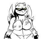  2019 anthro bandanna big_breasts blush breasts crossgender female green_eyes huge_breasts inkyfrog looking_at_viewer mask mostly_nude partially_colored reptile scalie shell simple_background slash_(tmnt) solo spikes teenage_mutant_ninja_turtles turtle white_background wide_hips 