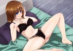  1girl bed black_bra black_panties blue_eyes blush bra breasts brown_hair cleavage closed_mouth collarbone eyebrows eyebrows_visible_through_hair frilled_bra frilled_panties frills groin large_breasts lyrical_nanoha mahou_shoujo_lyrical_nanoha_strikers navel panties pillow shiny shiny_hair shiny_skin short_hair smile solo spread_legs tappa_(esperanza) underwear underwear_only yagami_hayate 