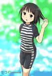  1girl black_hair clothes shirt short_hair shorts stand striped striped_shirt striped_shorts weryhentai 