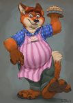  2018 anthro apron baker belly big_belly blue_eyes brown_hair canid canine clothing disney food fox fur gideon_grey hair male mammal orange_fur overweight paws pie plantigrade simple_background teaselbone zootopia 