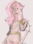  1girl absurdres ass blush braid commission fire_emblem fire_emblem:_kakusei from_behind hairband highres long_hair looking_back nintendo olivia_(fire_emblem) parted_lips pink_eyes pink_hair ponytail see-through solo the_kingduke twin_braids twitter_username white_hairband 