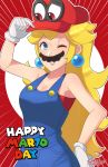  1girl artist_name bare_arms bare_shoulders blonde_hair blue_earrings blue_eyes blue_overalls breasts cappy_(mario) cleavage cosplay earrings facial_hair gloves hat jewelry large_breasts long_hair mario_(series) mustache nintendo no_bra one_eye_closed open_mouth overalls possessed princess princess_peach red_background red_shirt sarukaiwolf shirt smile super_mario_bros. super_mario_odyssey undershirt white_gloves 