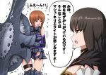  2girls armor armored_dress bangs black_dress blush boots brown_eyes brown_hair commentary_request cosplay detached_sleeves dress embarrassed eyebrows_visible_through_hair eyes_closed fate/grand_order fate_(series) flying_sweatdrops from_side frown fur_trim gauntlets girls_und_panzer greaves grey_dress grey_footwear half-closed_eyes highres holding holding_weapon huge_weapon knee_boots long_hair looking_at_another mash_kyrielight mash_kyrielight_(cosplay) mother_and_daughter multiple_girls nishizumi_miho nishizumi_shiho omachi_(slabco) open_mouth semiramis_(fate) semiramis_(fate)_(cosplay) serious shaking shield short_dress short_hair sleeveless standing straight_hair thigh_strap weapon white_background 