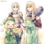  1girl 2boys :d ^_^ apron bangs bedivere beret black_gloves black_pants blonde_hair blush bowl breastplate brown_gloves brown_legwear brown_shirt brown_sleeves closed_eyes closed_mouth collared_jacket collared_shirt commentary_request detached_sleeves eyebrows_visible_through_hair eyes_closed fate/grand_order fate_(series) fingerless_gloves fionn_mac_cumhaill_(fate/grand_order) food forehead frying_pan gauntlets gloves green_apron green_eyes green_hat green_jacket hagino_kouta hair_between_eyes hat holding holding_bowl holding_frying_pan holding_plate jacket light_brown_hair long_hair long_sleeves looking_at_another looking_at_viewer looking_away multiple_boys open_mouth pancake pants pantyhose parted_bangs paul_bunyan_(fate/grand_order) plate print_apron shirt sleeveless sleeveless_shirt smile spatula stack_of_pancakes twitter_username very_long_hair 