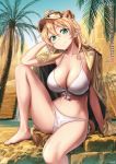  1girl animal_ears april bare_legs barefoot bikini blonde_hair breasts calendar_(medium) cleavage closed_mouth eyebrows_visible_through_hair front-tie_bikini front-tie_top green_eyes hair_between_eyes hannelore_kummel hat himura_kiseki jacket_on_shoulders large_breasts leg_up looking_at_viewer medium_hair military_hat navel outdoors palm_tree side-tie_bikini sitting smile solo strike_witches_(lionheart_witch) swimsuit tail tree white_bikini world_witches_series 