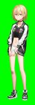  1girl bandaid bandaid_on_knee bangle bangs bare_legs black_choker black_footwear black_jacket black_shirt bracelet breasts brown_eyes brown_hair choker closed_mouth collarbone commentary_request crop_top earrings expressionless floral_print full_body green_background hair_between_eyes highres ichiren_namiro jacket jewelry long_sleeves looking_at_viewer maomi_yuka maomi_yuka_(channel) midriff navel official_art open_clothes open_jacket own_hands_together shirt shoes short_hair short_shorts shorts sidelocks simple_background small_breasts sneakers solo standing stomach thighs white_shorts 