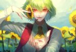  1girl ascot bangs blurry blurry_background cloud cloudy_sky collared_shirt commentary_request day eyebrows_visible_through_hair eyelashes fingernails flower flower_ornament garden_of_the_sun green_hair hair_between_eyes hand_on_headset hand_up headset kazami_yuuka long_sleeves looking_at_viewer music open_clothes open_vest petals pink_lips plaid plaid_vest red_eyes red_vest reflective_eyes shaded_face shiny shiny_hair shirt short_hair singing sky smile solo sunflower sunlight toriguchi touhou upper_body vest wavy_hair white_shirt wind 