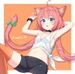  1girl :o absurdres ahoge animal_ear_fluff animal_ears arm_behind_head armpits arms_up bangs bare_arms bare_shoulders bike_shorts black_choker blue_eyes blush breasts cameltoe cat_ears cat_girl character_name choker collarbone comic commentary_request eyebrows_visible_through_hair hair_bobbles hair_ornament highres hinata_channel knee_up long_hair looking_at_viewer low_twintails lying navel nekomiya_hinata on_back open_mouth orange_background orange_legwear purple_hair shirt simple_background small_breasts solo stomach tank_top tareme thighhighs tied_shirt twintails very_long_hair virtual_youtuber wrist_cuffs xue_lu 