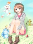  1girl :d :| bangs bare_thighs black_eyes blue_eyes blush boots brown_eyes brown_hair cardigan closed_mouth commentary_request creatures_(company) eyebrows_visible_through_hair female_protagonist_(pokemon_swsh) game_freak gen_8_pokemon green_hat green_legwear grookey hair_between_eyes hat highres long_sleeves nintendo open_mouth pat poke_ball poke_ball_(generic) pokemon pokemon_(creature) pokemon_(game) pokemon_swsh scorbunny shirt short_hair sitting sitting_on_ground smile sobble tam_o&#039;_shanter upper_teeth 