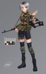 1girl absurdres bike_shorts blue_eyes boots camouflage canteen color_guide commentary dragunov_svd dreadtie full_body gun highres holster holstered_weapon knee_pads load_bearing_equipment original pouch rifle short_hair signature silver_hair simple_background sniper_rifle solo thigh_holster thighhighs weapon 