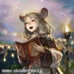  1girl animal_ears book braid brown_eyes chrono_regalia holding holding_book kageco light_brown_hair looking_afar low_braid mouse_ears music official_art open_book open_mouth outdoors singing sky solo torch upper_body wide_sleeves 
