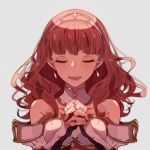  1girl bare_shoulders celica_(fire_emblem) detached_collar earrings eyes_closed fire_emblem fire_emblem_echoes:_mou_hitori_no_eiyuuou grey_background hairband hands_clasped jewelry long_hair nintendo open_mouth own_hands_together pikapika_hoppe praying red_hair simple_background solo upper_body 