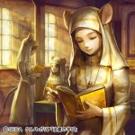  3girls animal_ears book brown_hair chrono_regalia facing_another habit holding holding_book indoors jewelry kageco long_hair mouse_ears mouse_tail multiple_girls necklace nun official_art open_book painting_(object) reading sidelocks sitting standing sunlight tail wide_sleeves window 