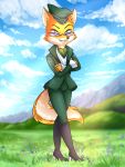  2018 absurd_res anthro arinadler boots brown_nose canid canine clothing cloud eyelashes eyewear female footwear fox glasses grass hat hi_res high_heels looking_at_viewer lt._fox_vixen mammal military_uniform mountain nature pants sek_studios shoes sky smile solo squirrel_and_hedgehog uniform 