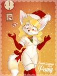  bell blush breasts calendar canid canine christmas clock clothing collar embarrassed female fennec fox gloves hi_res holidays jonas legwear mammal mistletoe nipples penny_fenmore plant pussy ribbons stockings 