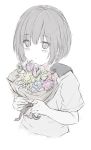  1girl 7_calpis_7 :o bangs blue_flower blush bouquet commentary_request cropped_torso eyebrows_visible_through_hair flower green_flower hair_between_eyes highres holding holding_bouquet looking_at_viewer monochrome original parted_lips purple_flower red_flower sailor_collar school_uniform serafuku short_hair short_sleeves simple_background solo tulip white_background yellow_flower 
