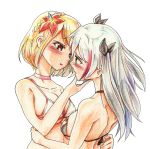  2girls absurdres azur_lane bikini blonde_hair blush bob_cut braid choker colored_pencil_(medium) flower hair_flower hair_ornament hair_ribbon hand_on_another&#039;s_chin highres huge_filesize imminent_kiss long_hair multicolored_hair multiple_girls pompmaker1 prince_of_wales_(azur_lane) prinz_eugen_(azur_lane) red_eyes ribbon short_hair silver_hair swimsuit traditional_media two_side_up yellow_eyes yuri 