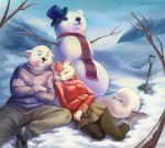  canid canine fox hat lcibos lindsay_cibos mammal polar_bear scarf shovel snow snowman ursid ursine winter 