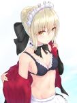  1girl apron artoria_pendragon_(all) artoria_pendragon_(swimsuit_archer) black_bikini_top black_bow black_neckwear blonde_hair bow braided_bun breasts choker cleavage eyebrows_visible_through_hair fate/grand_order fate_(series) frilled_apron frilled_bikini_top frills groin hair_between_eyes hair_bow highres jacket long_sleeves maid_headdress medium_breasts navel open_clothes open_jacket reuri_(tjux4555) shiny shiny_hair short_hair sideboob simple_background solo undressing upper_body waist_apron white_apron white_background yellow_eyes 