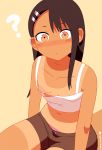  1girl ? bangs black_hair brown_eyes dark_skin hair_ornament hairclip highres ijiranaide_nagatoro-san long_hair looking_at_viewer nagatoro navel nipple_slip nipples nonamoth shirt simple_background solo 