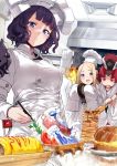  1boy 3girls abigail_williams_(fate/grand_order) archer bangs benienma_(fate/grand_order) black_bow blonde_hair blue_eyes blush bow brown_eyes chef chef_hat chef_uniform dark_skin fate/grand_order fate/stay_night fate_(series) food forehead hair_bow hat hews_hack highres katsushika_hokusai_(fate/grand_order) kitchen long_hair long_sleeves looking_at_viewer multiple_girls octopus parted_bangs purple_hair red_eyes red_hair short_hair sleeves_past_fingers sleeves_past_wrists tan tokitarou_(fate/grand_order) toque_blanche white_hair 