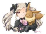  1girl black_bow black_gloves blonde_hair bow closed_mouth creatures_(company) earrings eevee elise_(fire_emblem_if) fire_emblem fire_emblem_if game_freak gen_1_pokemon gloves hair_bow jewelry long_hair multicolored_hair nintendo one_eye_closed pink_bow pokemon pokemon_(creature) purple_eyes purple_hair robaco simple_background smile twintails twitter_username white_background 