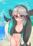  1girl beach bent_over black_hair breasts brown_eyes california_sea_lion_(kemono_friends) cleavage glasses grey_hair kemono_friends large_breasts leaning_forward looking_at_viewer notora outdoors sarong see-through solo tail 
