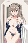  1girl alternate_breast_size asuka_keisuke bikini black_ribbon blush breasts brown_eyes brown_hair collarbone commentary_request eyebrows_visible_through_hair girls_und_panzer hair_between_eyes hair_ribbon highres indoors large_breasts long_hair looking_at_viewer navel open_mouth ribbon shimada_arisu solo striped striped_bikini swimsuit two_side_up 
