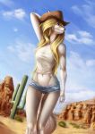  anthro blonde_hair canid canine canis clothed clothing elvofirida female hair hat mammal navel outside smile solo standing wide_hips wolf 