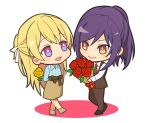  2girls :d bang_dream! bangs behind_back black_footwear blonde_hair blue_shirt bouquet brown_pants brown_skirt brown_suit brown_vest chibi collared_shirt commentary_request flower full_body hair_ribbon half_updo holding holding_bouquet holding_flower long_sleeves looking_at_another multiple_girls necktie open_mouth pants ponytail purple_eyes purple_hair red_eyes red_flower red_neckwear red_rose ribbon rose seta_kaoru shirasagi_chisato shirt sidelocks simple_background skirt smile standing tozaki_(r_sailing) vest white_background white_ribbon white_shirt yellow_flower yellow_rose yuri 