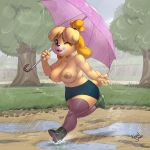  2018 animal_crossing anthro blonde_hair blue_eyes canid canine canis clothed clothing digital_media_(artwork) domestic_dog fangs female footwear hair isabelle_(animal_crossing) kevinsano legwear mammal nintendo one_eye_closed open_mouth outside puddle raining shih_tzu short_stack signature skirt solo thick_thighs thigh_highs topless tree umbrella video_games wink 
