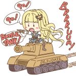  arm_ribbon bangs black_ribbon blonde_hair blue_dress blunt_bangs boots char_(sennen_sensou_aigis) chibi commentary_request dress english_text eyebrow_visible_through_hair frills furrowed_eyebrows gloves ground_vehicle hair_ornament hair_ribbon highres long_hair military military_vehicle motor_vehicle open_mouth pleated_skirt pointing_finger puffy_sleeves ribbon sennen_sensou_aigis simple_background skirt speech_bubble straddling tank tank_turret tongue tread_marks white_background white_legwear 