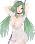  1girl breasts dress goddess green_eyes green_hair hat highres j@ck jewelry kid_icarus kid_icarus_uprising large_breasts long_hair looking_at_viewer necklace nintendo nurse nurse_cap open_mouth palutena pole solo super_smash_bros. thighhighs tiara tongue tongue_out twintails very_long_hair 