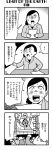  ! &gt;_&lt; 3girls 4koma :3 arms_up bangs bkub blunt_bangs blush calimero_(bkub) chakapi city clenched_hand comic confetti crowd emphasis_lines eyes_closed flying_sweatdrops formal greyscale halftone highres holding holding_paper honey_come_chatka!! monochrome multiple_girls news open_mouth paper raised_fists shaded_face shirt short_hair shouting simple_background speech_bubble spoken_exclamation_mark suit sweatdrop talking translation_request two-tone_background 