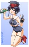  1girl artist_name asymmetrical_hair black_hair black_swimsuit blue_background bottle brown_eyes commentary_request crop_top framed_breasts full_body gloves hair_between_eyes headphones highres i-14_(kantai_collection) kantai_collection looking_at_viewer neckerchief open_mouth partly_fingerless_gloves psg_sub707 sailor_collar school_swimsuit short_hair single_glove smile solo swimsuit two-tone_background v 